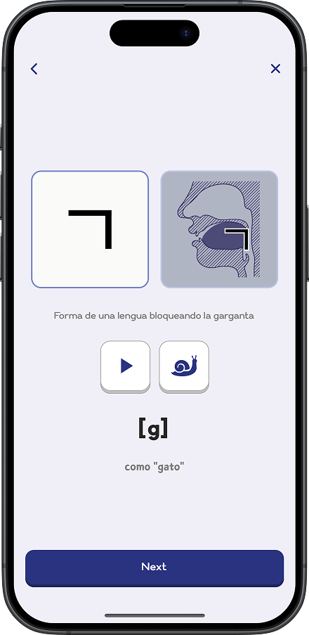 Pantalla de aprendizaje de letras de HAN•GL con pronunciación
