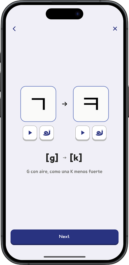 Pantalla de comparación de letras de HAN•GL
